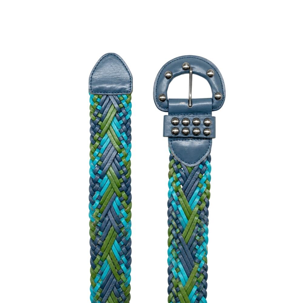 Vintage Y2K Woven Wide Leather Belt Blue Teal Green Studded Summer Boho Western